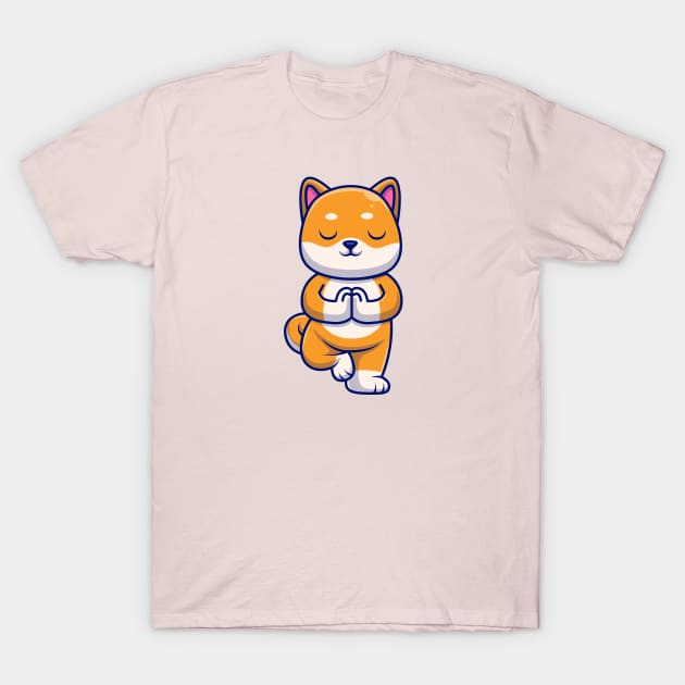 Cute Shiba Inu Dog Meditating Yoga Cartoon T-Shirt by Catalyst Labs